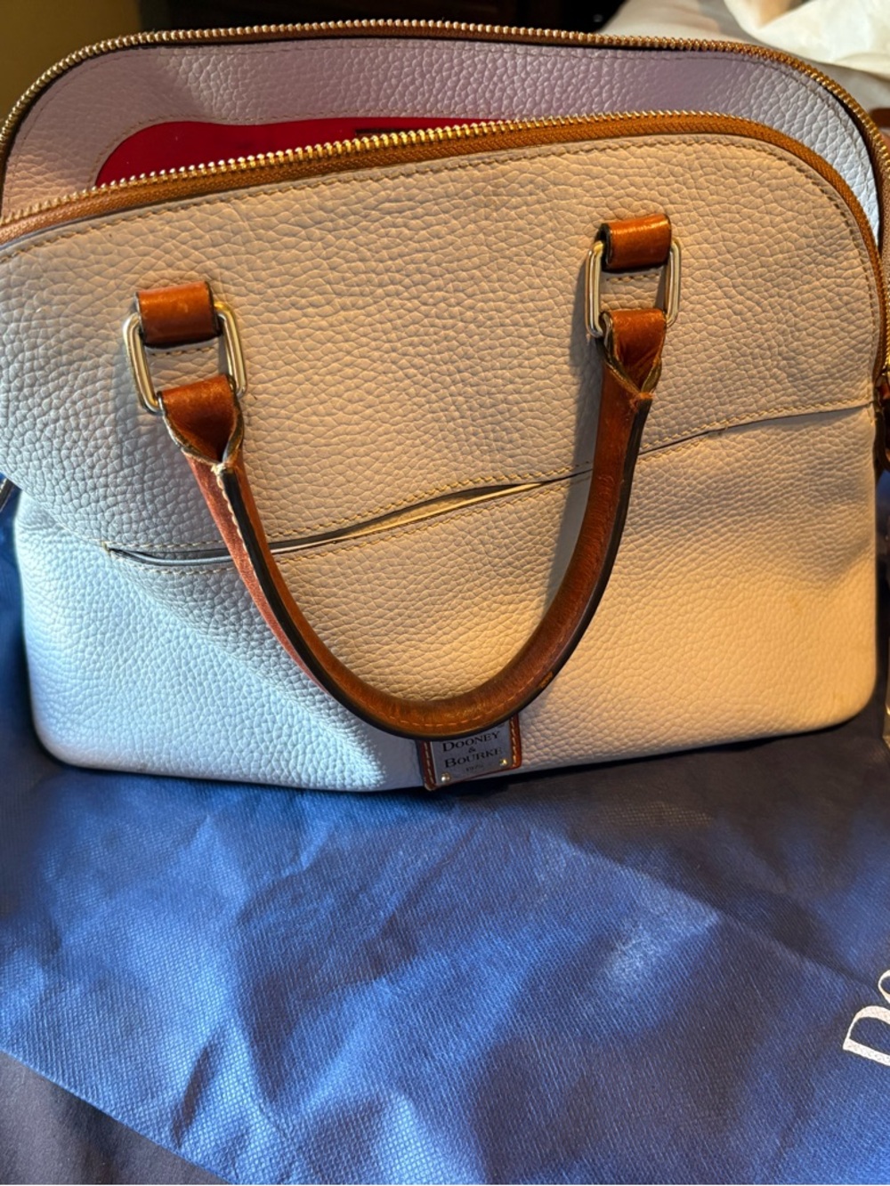 Dooney & Bourke Cream Pebbled Leather Satchel with Brown Trim